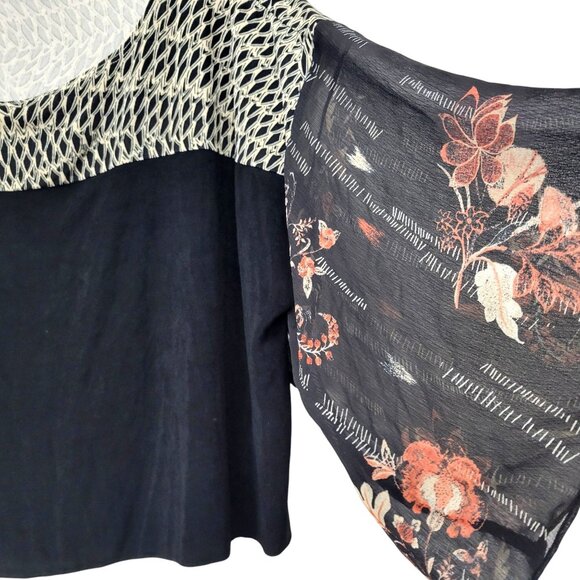 Chicos Travelers Black & Beige Patterned Pullover Top With Sheer Floral Sleeves - Picture 5 of 5